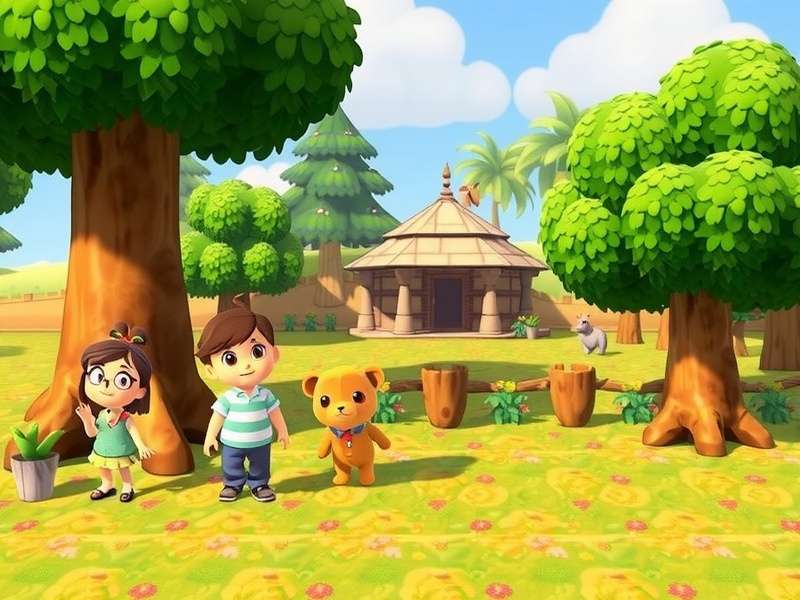 A serene Animal Crossing inspired island with a cozy house and trees