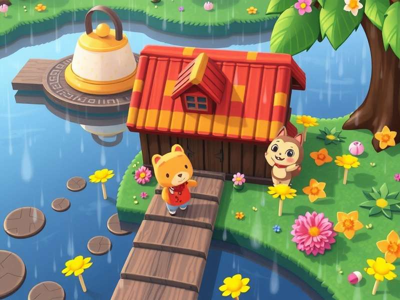 Cozy room with Nintendo Switch running Animal Crossing during rain