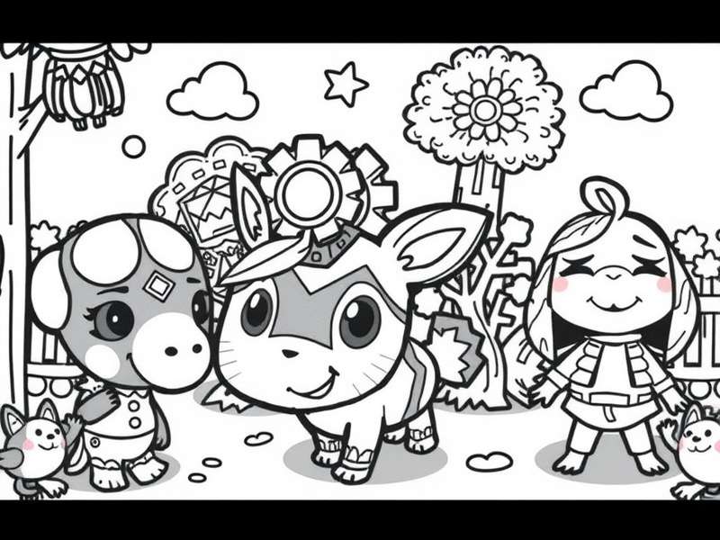 Animal Crossing characters coloring pages spread featuring Tom Nook, Isabelle, and villagers
