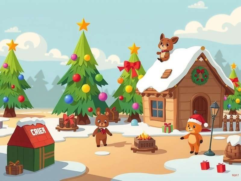Animal Crossing Christmas village decorated with festive items, snow, and illuminated trees