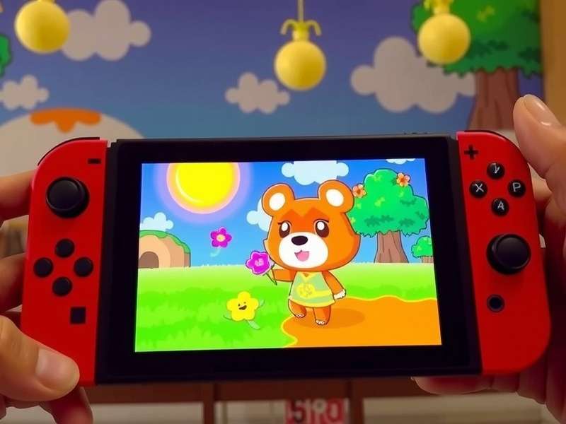 Animal Crossing Nintendo Switch OLED console with pastel green and blue Joy-Cons on a wooden table