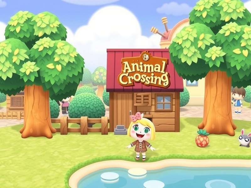 Screenshot of the new Animal Crossing game showing a vibrant island with custom designs