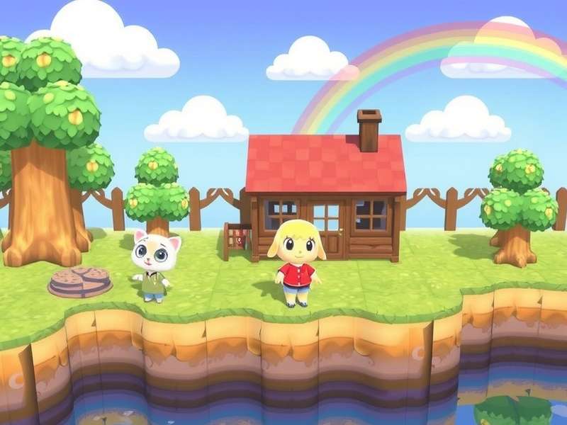 A serene tropical island with palm trees and a clear blue sky, reminiscent of Animal Crossing: New Horizons