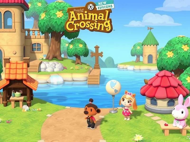 A vibrant group of Animal Crossing New Horizons villagers including Raymond, Marshal, and Judy interacting on a sunny island