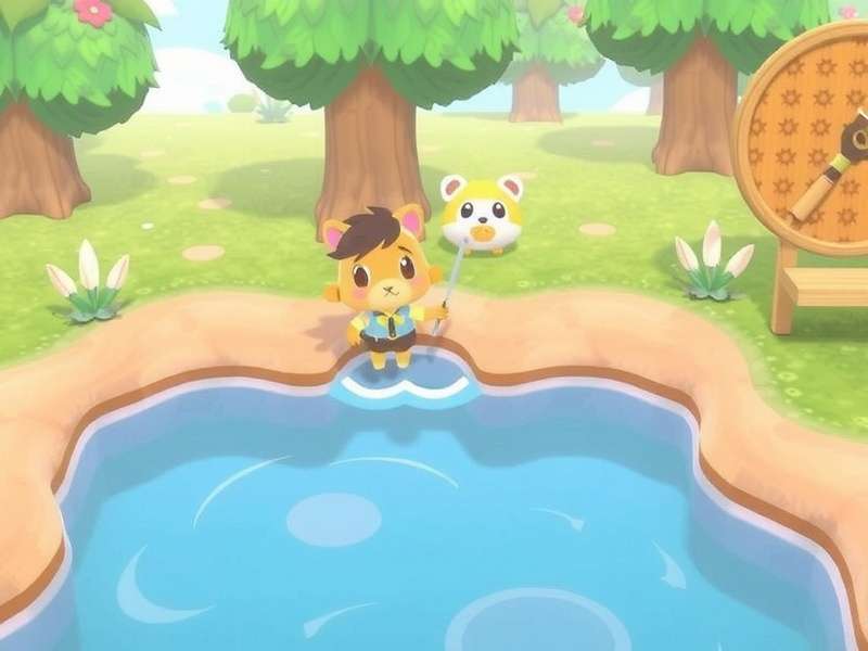 Animal Crossing New Horizons island landscape with trees, river, and villagers