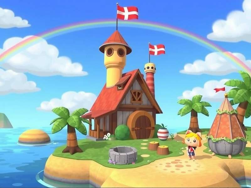 A serene tropical island with palm trees and a treasure chest, representing an Animal Crossing Treasure Island