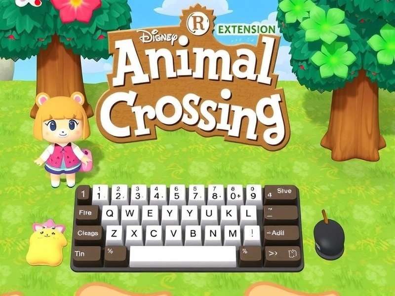 A joyful Animal Crossing villager using a keyboard extension on a Nintendo Switch screen
