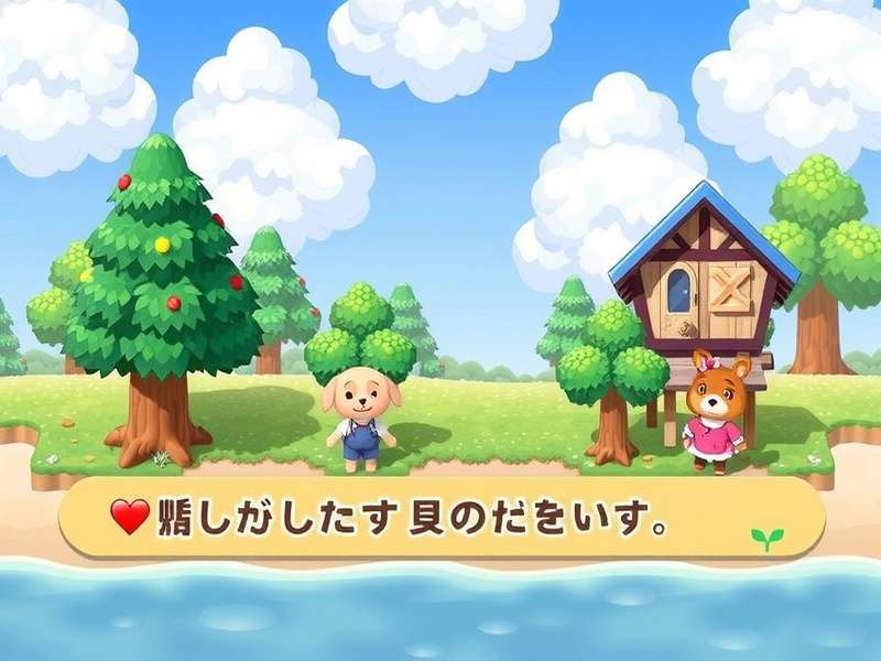 A serene island scene from Animal Crossing: New Horizons with a player character fishing by a river