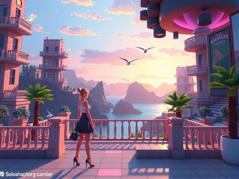 A serene tropical island scene reminiscent of Animal Crossing: New Horizons
