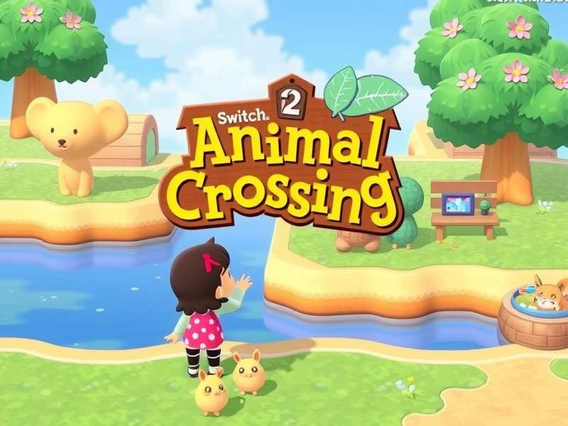 Concept art of Animal Crossing: New Horizons running on a next-generation Nintendo Switch 2 console, showing enhanced graphics and new UI.