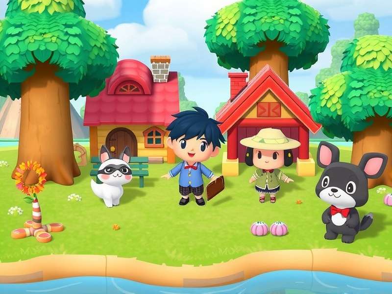 A cheerful group of Animal Crossing villagers including Marshal, Maple, and Beau enjoying a sunny day on a vibrant island