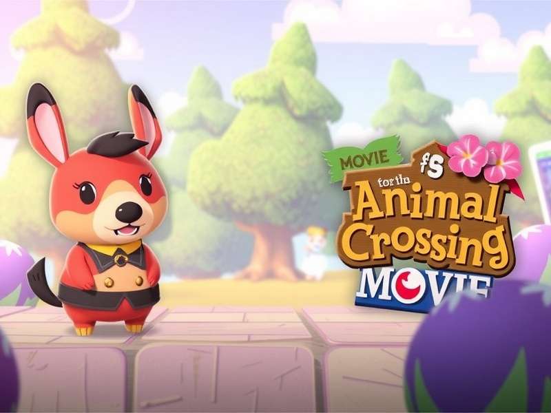 Concept art for a potential Animal Crossing movie poster featuring Tom Nook, Isabelle, and a group of villagers in front of a sunset