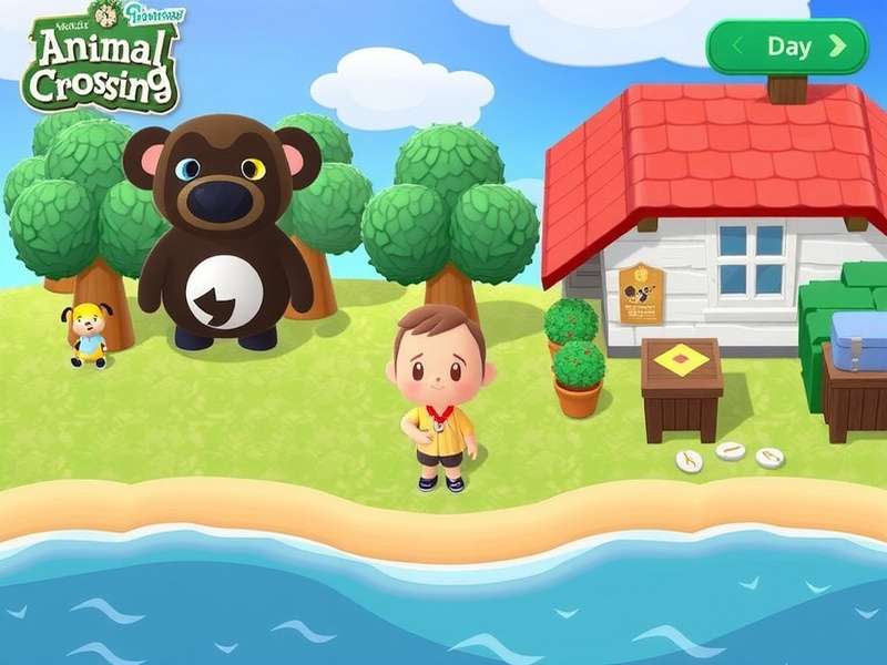 A serene Animal Crossing island with a house, trees, and a river