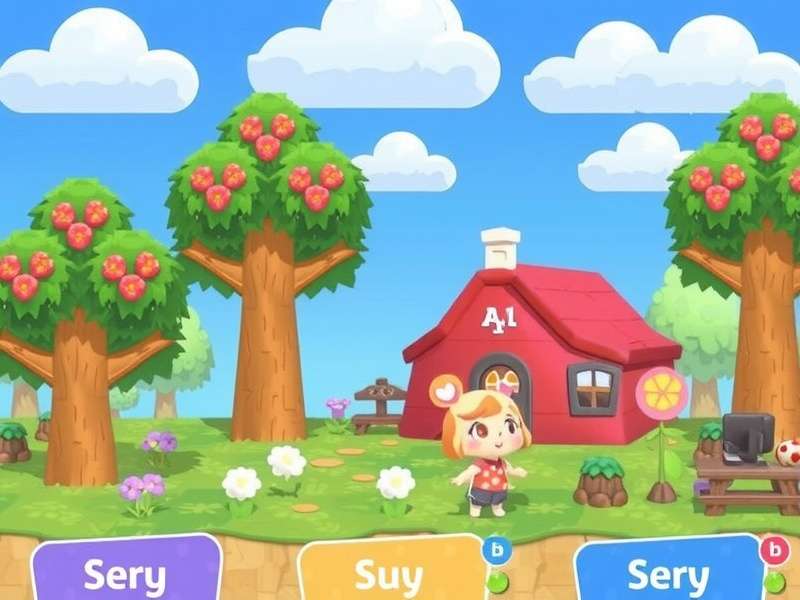 A cozy gaming setup with a PC monitor showing a peaceful village simulation game