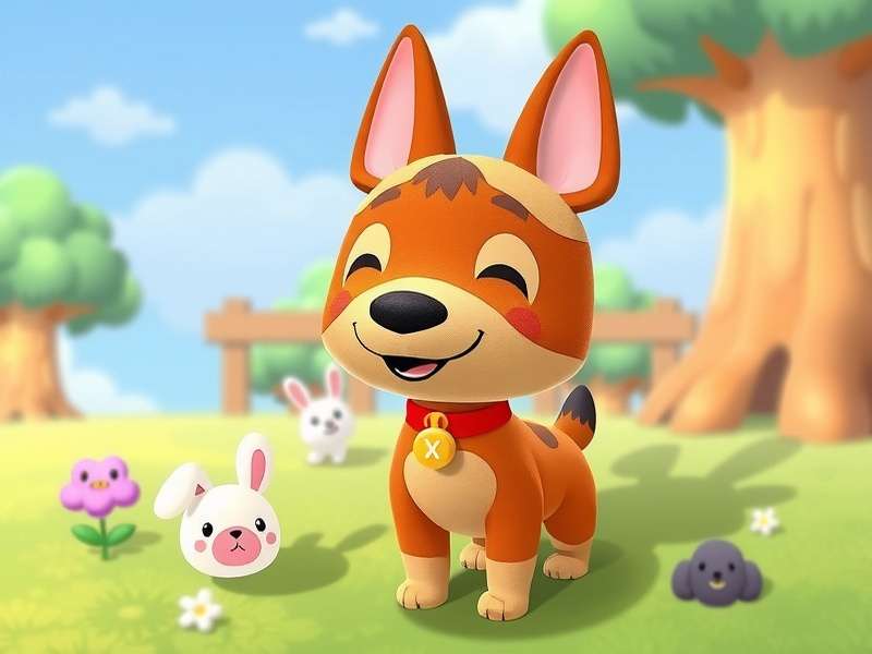 A cute dog character from Animal Crossing in a village setting