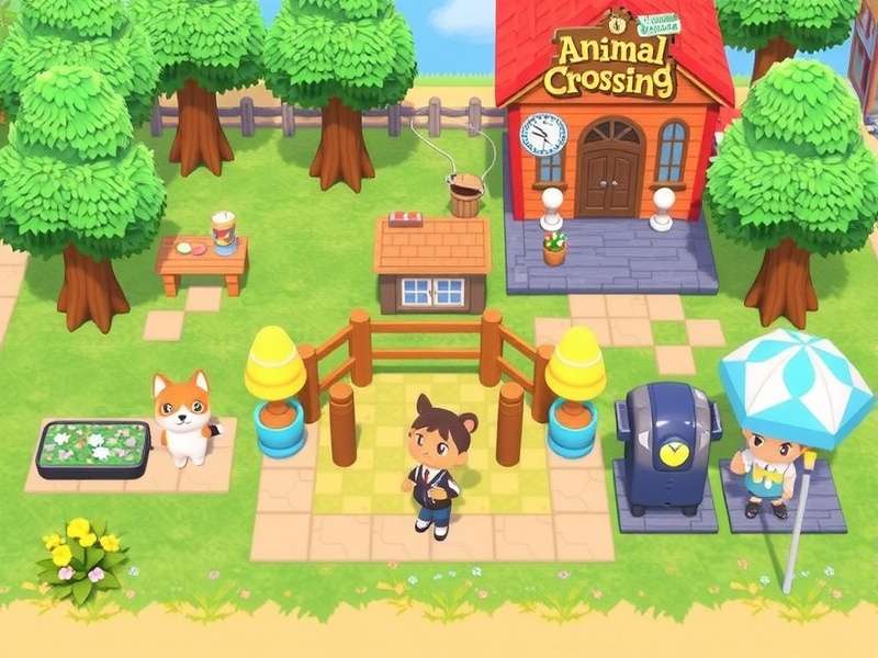 A beautifully designed Animal Crossing plaza with benches, flowers, and a fountain