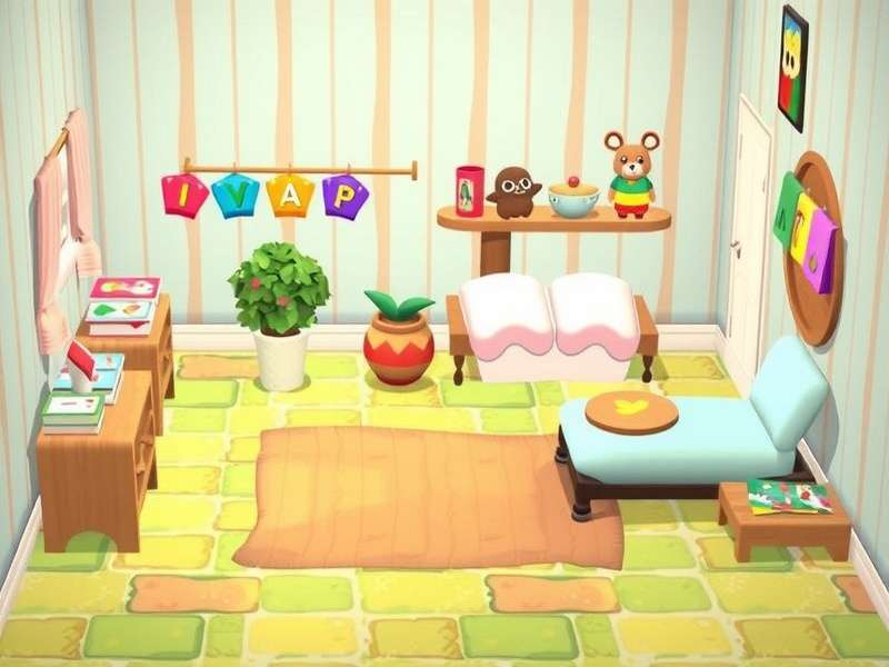 Cozy Animal Crossing inspired room with wooden furniture and plants