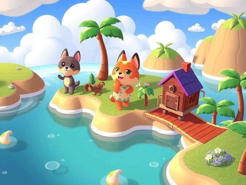 A stunning overview of a custom-designed Animal Crossing island with waterfalls, paths, and gardens