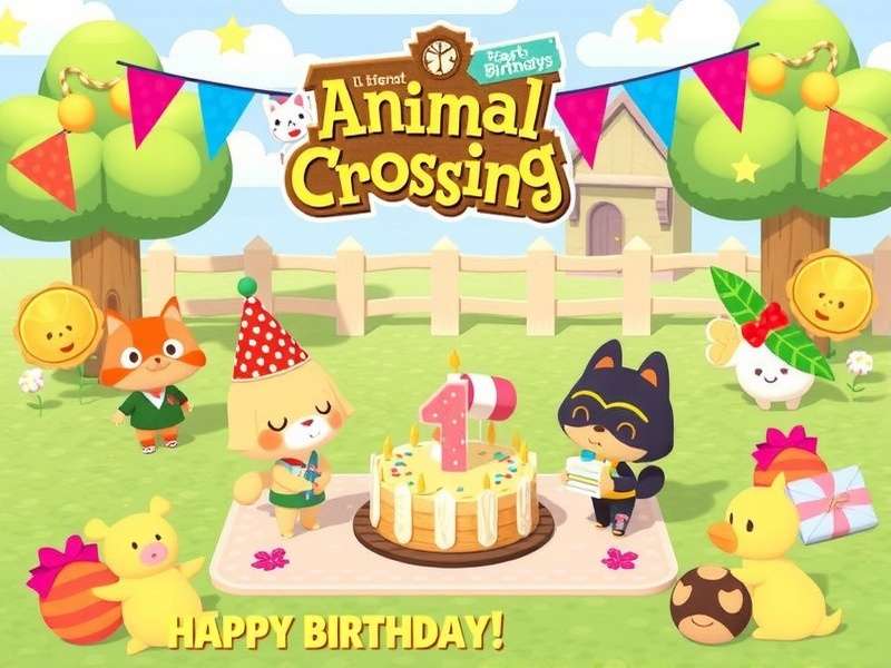 Animal Crossing villagers celebrating a birthday party with cake and decorations