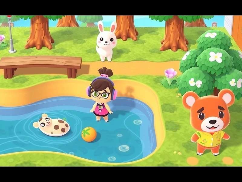 A vibrant Animal Crossing village scene displayed on a PC monitor