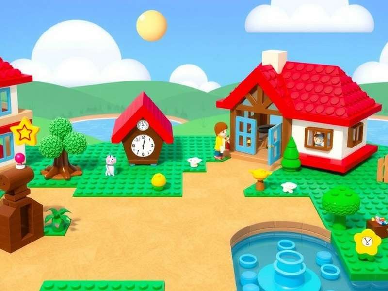 Custom Lego Tom Nook sitting in front of the Resident Services building