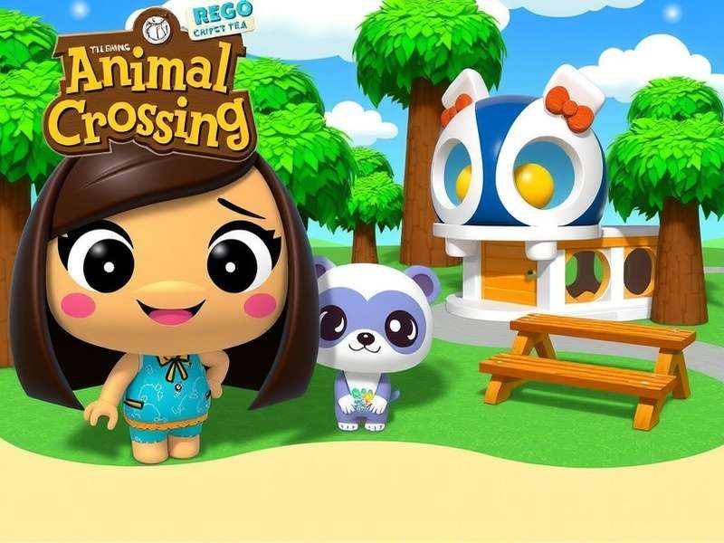 A large Lego diorama of a complete Animal Crossing island with rivers, trees, and houses