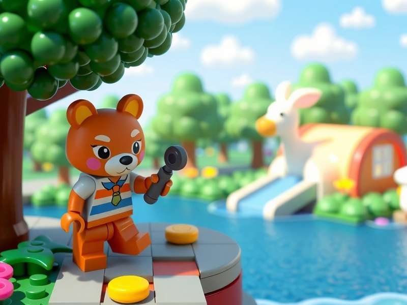 Animal Crossing Lego sets displayed on a wooden table with villagers and brick-built island elements