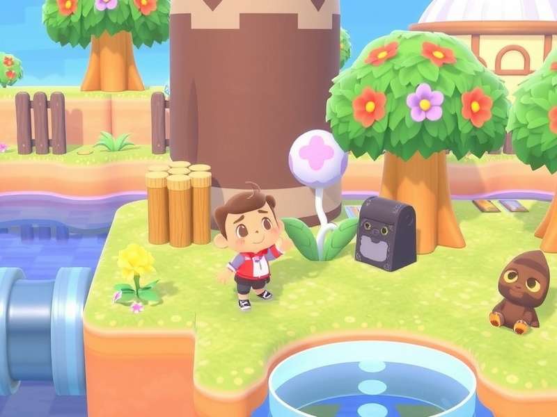 In Animal Crossing New Horizons — vibrant island scene with characters and palm trees