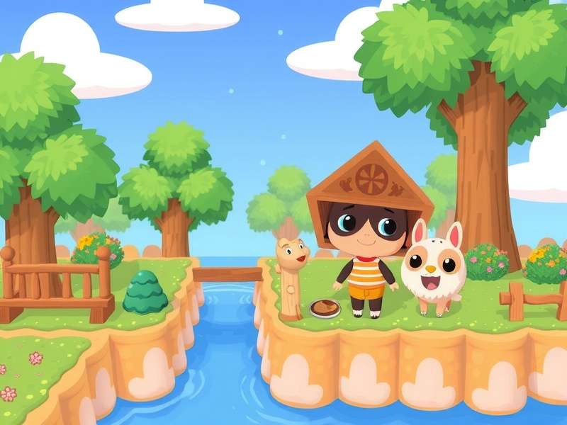 Animal Crossing Game island paradise scene with villagers and palm trees