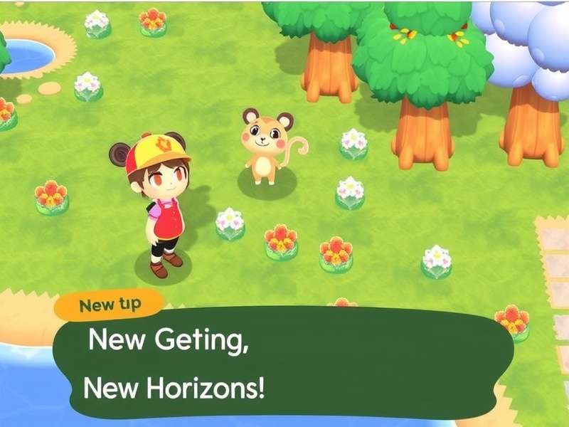 Animal Crossing New Horizons island scene with villagers, fishing, and tropical landscape