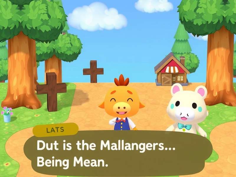 Animal Crossing villagers being mean — a cranky villager frowning at the player on a sunny island