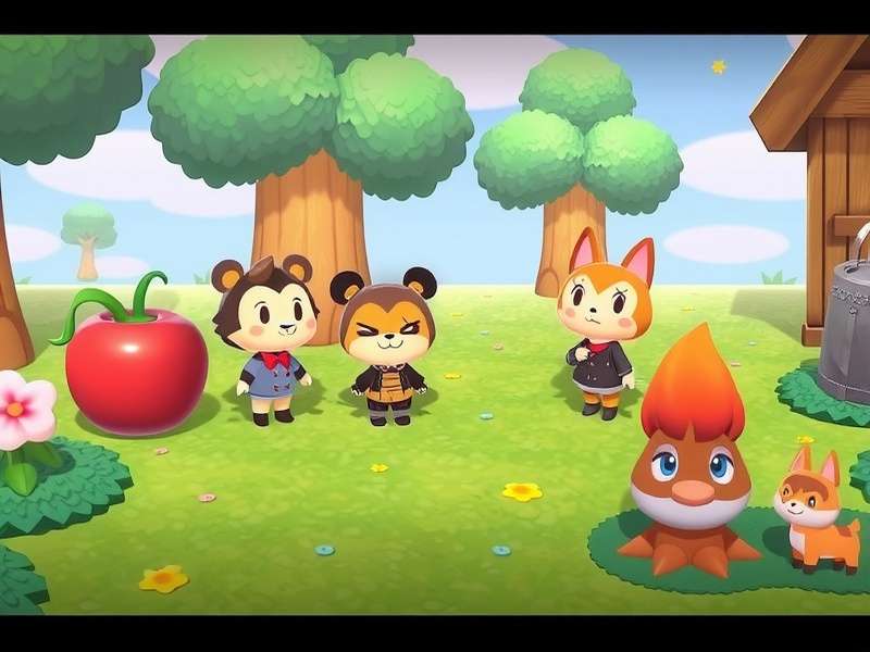 Animal Crossing villagers talking in a sunny island scene with speech bubbles