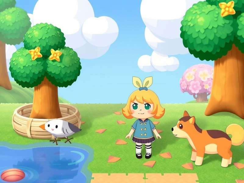Isabelle from Animal Crossing smiling warmly in a sunny plaza, surrounded by flowers and her signature paperwork