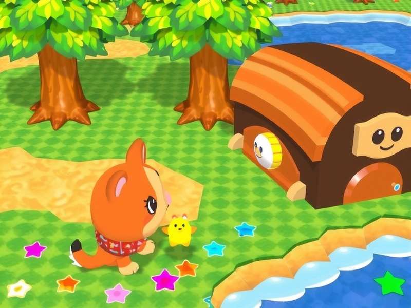 Animal Crossing Gamecube gameplay screenshot showing a cozy village with houses and trees