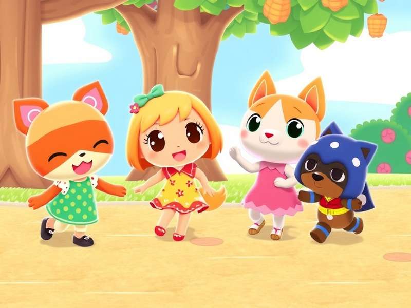 Animal Crossing characters dancing together on a festive island plaza with K.K. Slider performing
