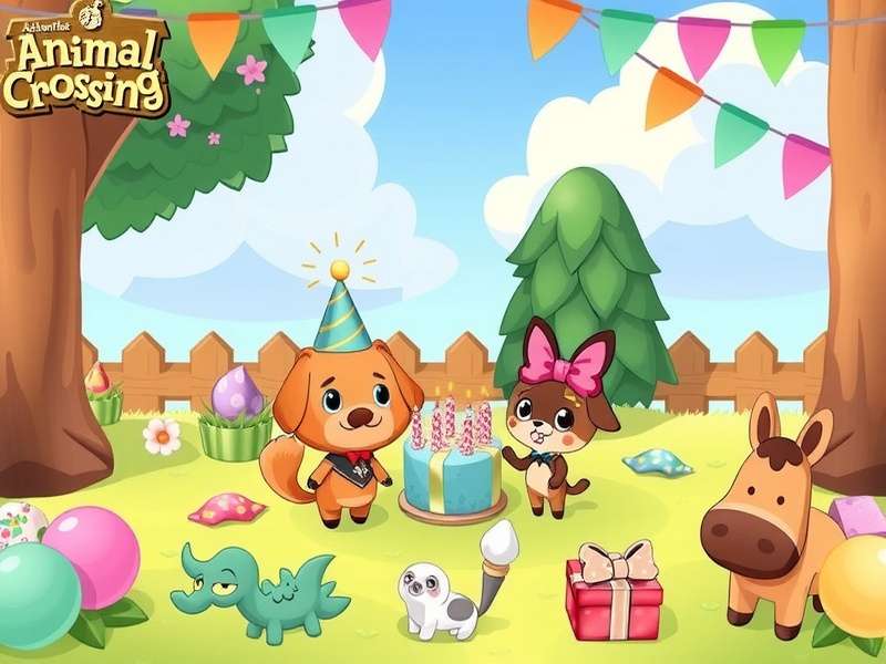 Animal Crossing villagers celebrating a birthday party on a tropical island with cake and balloons