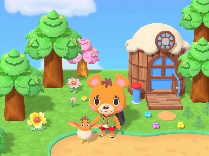 Animal Crossing island scene with cherry blossoms, villagers, and a cosy campsite under twilight sky