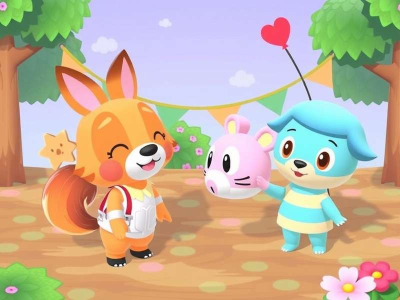 Animal Crossing characters celebrating a birthday party on a colorful island with cakes and balloons
