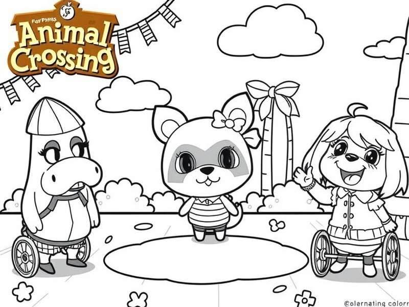 Colourful display of printable Animal Crossing colouring sheets with multiple characters and festive themes.