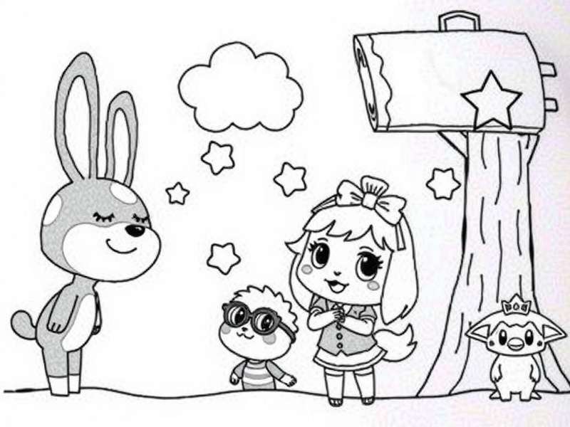 A vibrant collection of Animal Crossing characters colouring sheets featuring Tom Nook, Isabelle, and various villagers in a playful outdoor setting.