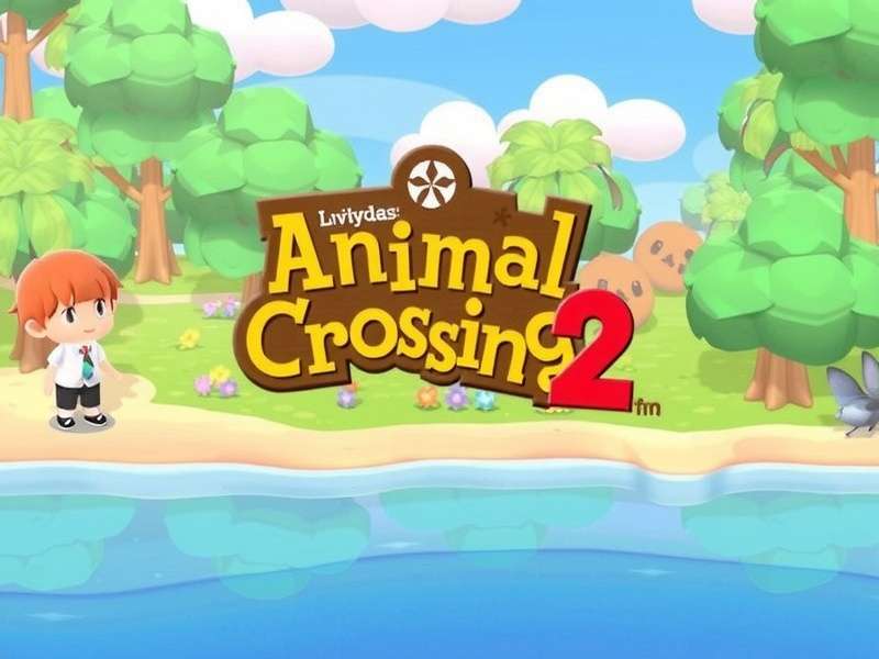 Animal Crossing Switch 2 gameplay screenshot showing a vibrant tropical island with villagers and custom decorations