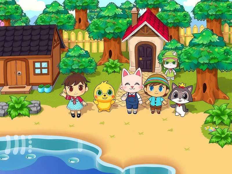 Animal Crossing villagers gathering in a sunny forest clearing with cherry blossom trees