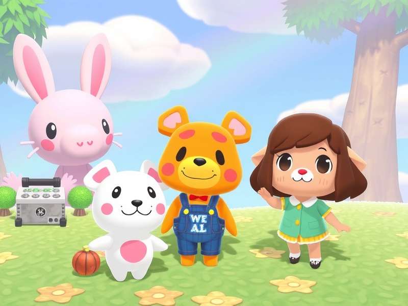 Rare Animal Crossing villagers including Raymond, Audie and Judy posing together on a tropical island